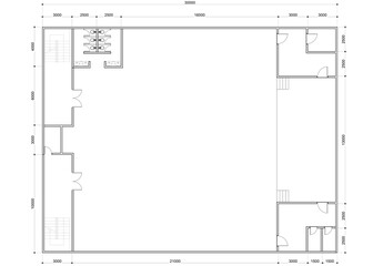 2D top view floor plan of an aula or multipurpose room with notations, for interior reference of the same building type