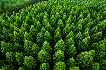 Aerial view, pine forest, uniform rows of evergreens create a textured landscape of green spikes