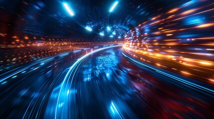 Abstract Digital Tunnel with Blue and Orange Light Streaks