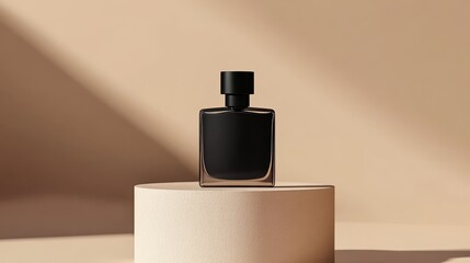 mockup of a plain black perfume bottle neatly placed on a podium on a neutral background