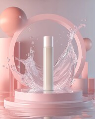  a litttle cosmetics tube over a platform, with moving serum liquid splashed on the background