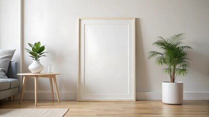 Minimalist White Frame Mockup on White Wall in Modern Living Room. Perfect for: Art Exhibitions, Interior Design, Modern Homes