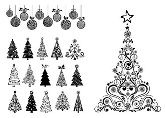 Set of christmas trees isolated on White background. Christmas decoration set - lots of calligraphic elements, bits and pieces to embellish your holiday layouts. Vector illustration