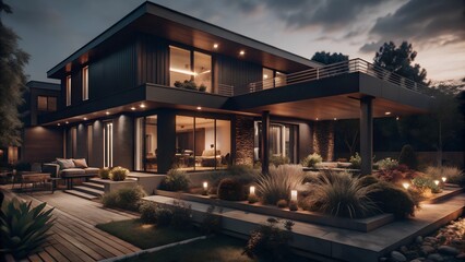 Obraz premium High-Tech Style Modern House with Beautiful Garden. Perfect for: Real Estate, Modern Architecture, Garden Shows