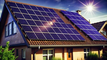 Fototapeta premium Solar Panels Installed on Modern House. Perfect for: Eco-Friendly Homes, Green Energy Conferences