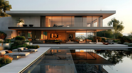 Obraz premium Modern House with Pool and Patio - 3D Illustration