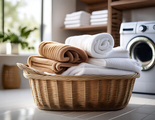  A laundry basket with towels in a bright, clean laundry room. _1(74)