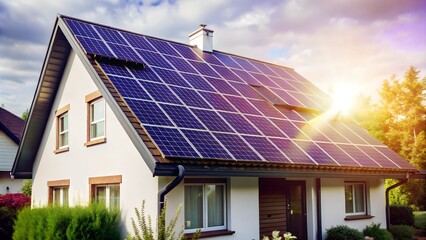 Fototapeta premium Solar Panels Installed on Modern House. Perfect for: Eco-Friendly Homes, Green Energy Conferences