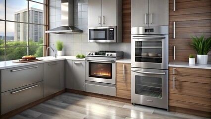 Fototapeta premium Stainless Steel Microwave Wall Oven in Modern Room. Perfect for: Modern Kitchens, Home Appliance Shows, Interior Design