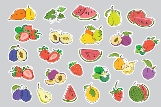 Large color vector set of fruit stickers in minimalist style