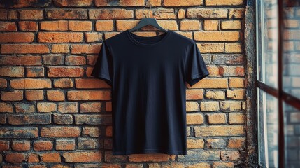 Black T-Shirt Hanging Against Vintage Brick Wall Urban Street Art Background
