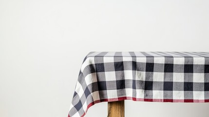  A checkered tablecloth is draped over a wooden table, shown against a white background