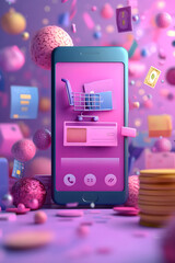 A 3D illustration of a mobile app displaying a secure online payment with animated icons and currency visuals.