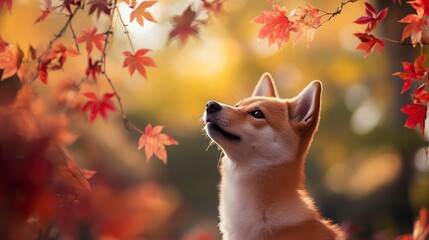 A serene dog gazing upward amidst vibrant autumn leaves.