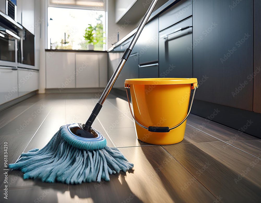 Wall mural a mop and bucket on a wet floor in a modern kitchen, representing cleaning. _1(102)