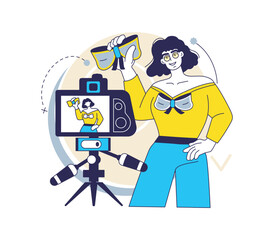 Content creation. Creative blogger. Woman making photo. Photography camera at tripod. Social media influencer recording video. Fashion blog. Vlog creator. Studio shoot. Live streaming. Vector concept