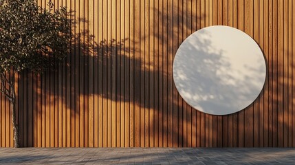 A wooden wall hosts a circular mockup signboard, awaiting a storefront's branding in a street setting. 