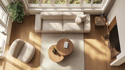  Top view of home living room interior with couch and armchair, panoramic window 
