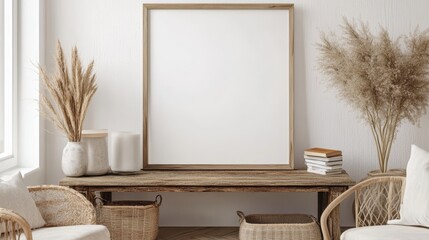 Mockup frame in farmhouse living room interior, 3d render
