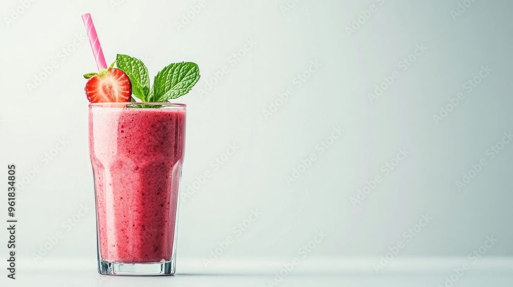 Poster refreshing pink smoothie in a glass with a slice of strawberry and a mint leaf, set against a plain 