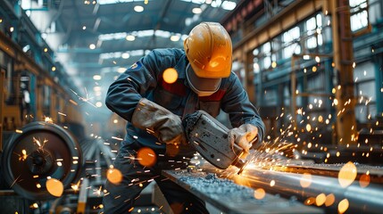 Industrial Worker Using a Grinder in a Factory