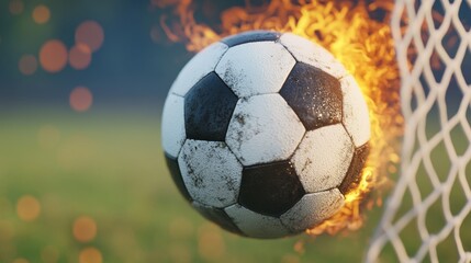 A soccer ball on fire in front of a goal net, AI
