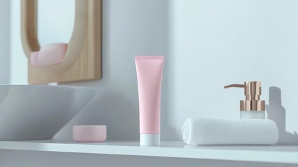 Mock-up of toothpaste in a plain pink tube on a bathroom shelf, minimalist bathroom backgroun