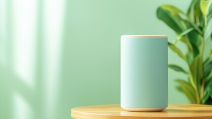 A serene scene featuring a mint green mug on a wooden table with soft sunlight and lush greenery in the background.