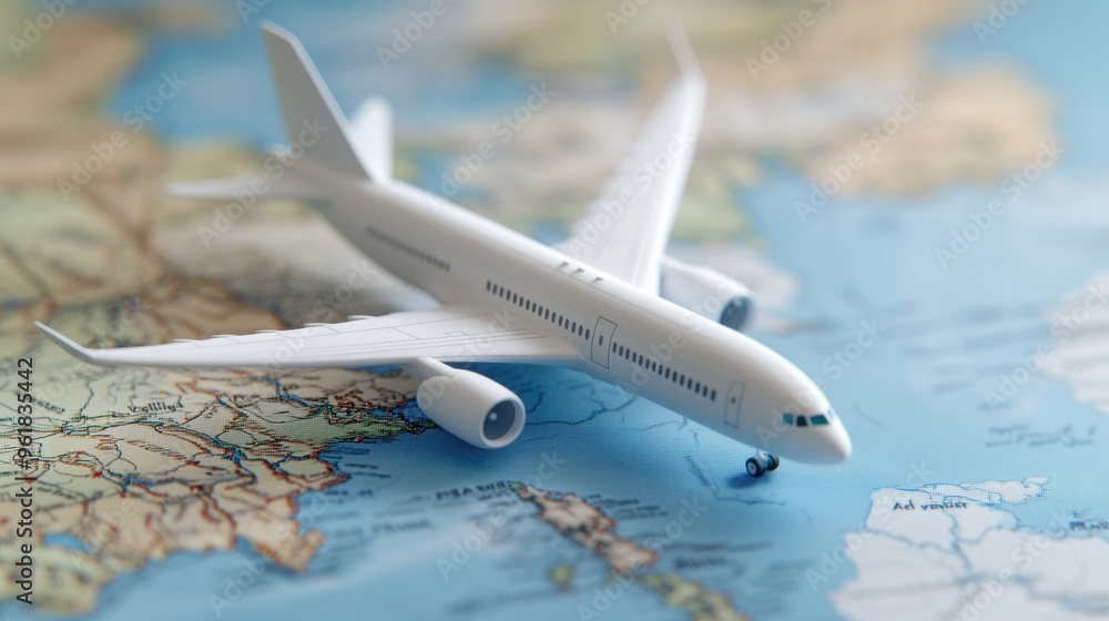 Poster a model airplane on a map of the world with an arrow pointing to it, ai