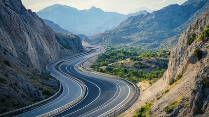 Naklejka premium Scenic view of a motorway winding through mountains or countryside, highlighting the contrast between the road and natural scenery.