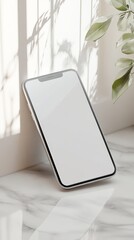 White minimalist smartphone mockup on desk, huper-realistic, renaissance theme