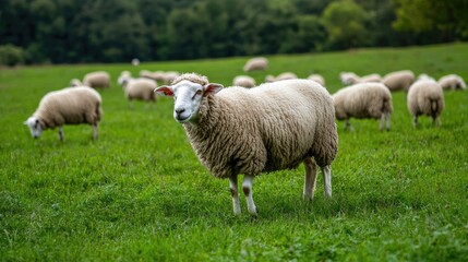 Obraz premium Sheep grazing in a lush green field, with a focus on their thick, woolly coats, emphasizing the natural habitat and wool quality.