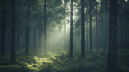 Obraz premium A serene forest scene with soft light filtering through tall trees, creating a mystical atmosphere.