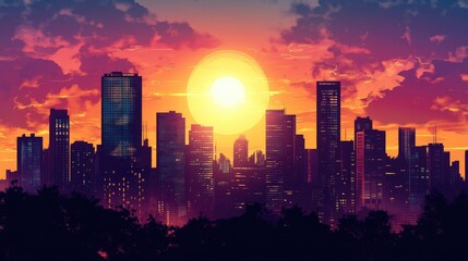 Obraz premium Silhouette of tall buildings against a colorful sunrise, with the sun rising from behind the skyscrapers and casting a warm light across the city streets.