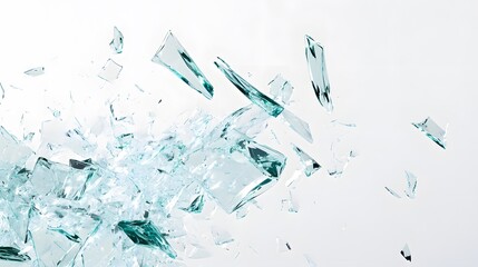Shattered Glass Effect: Fragments of shattered glass frozen mid-air, creating a dynamic explosion effect against a white background. 