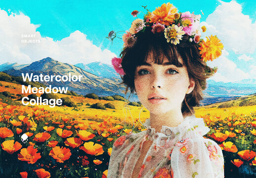 Watercolor Meadow Collage Photo Effect Mockup With Generative AI