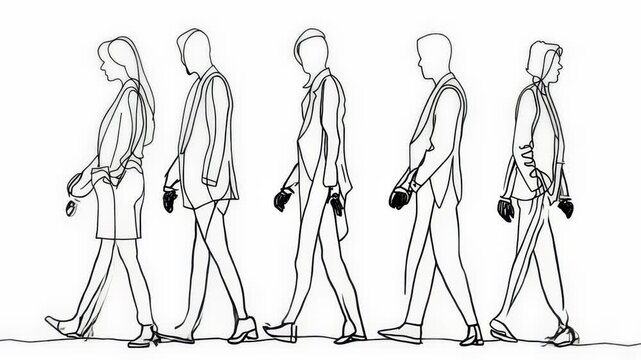 Line drawing features several people walking in a line. The minimalist style emphasizes human patience, social behaviors, and the essence of daily life in modern society.