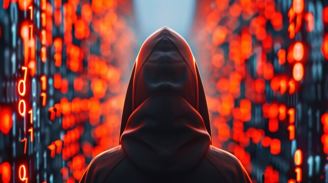 A symbolic visual of a hacker's silhouette against a glowing screen filled with binary code and ominous warnings, illustrating the constant threat of cyber attacks and ransomware breaches.