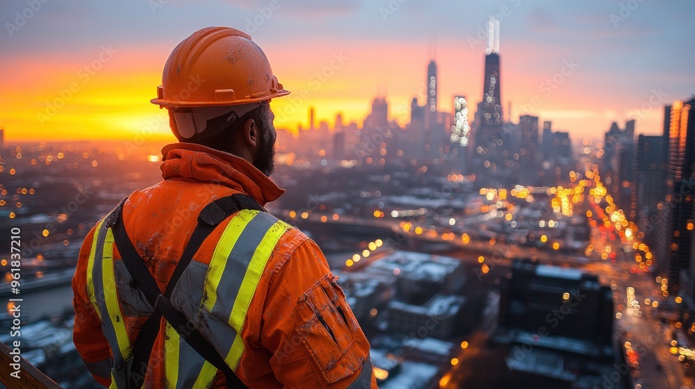 Poster construction worker gazing at city skyline