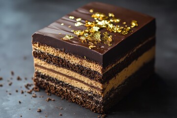 A luxurious opera cake with layers of coffee - soaked sponge, chocolate ganache, and a hint of gold leaf on top