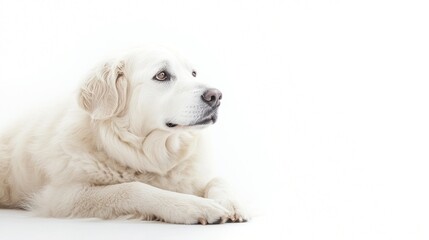 A serene white dog resting on a light background, showcasing calmness and tranquility.