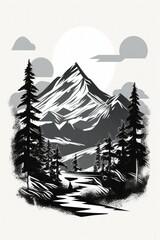 mid century design of stylized mountain with aspen trees aaron draplin black and white