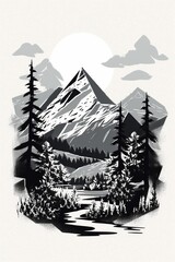 mid century design of stylized mountain with aspen trees aaron draplin black and white