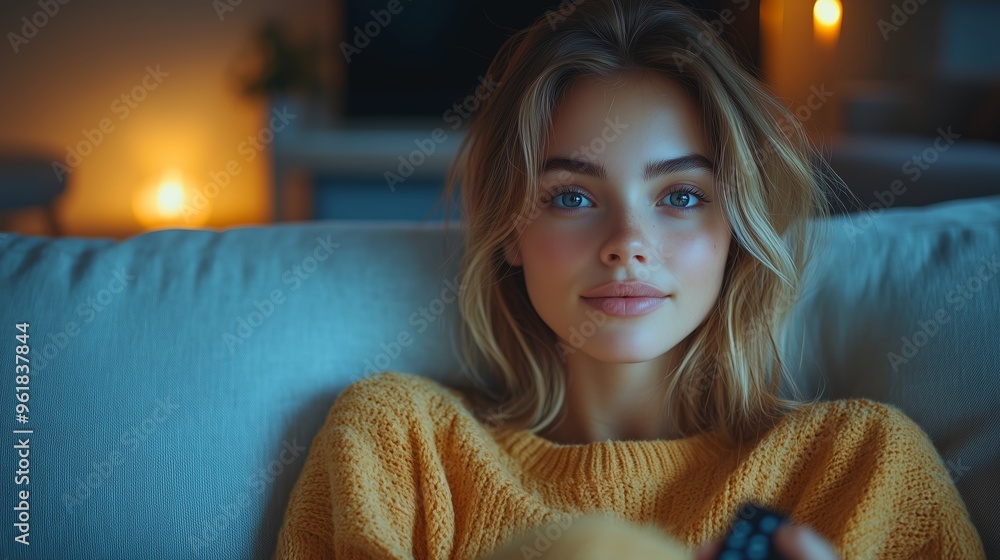 Poster relaxing evening at home with a cozy sweater and remote control in hand, creating a warm and invitin
