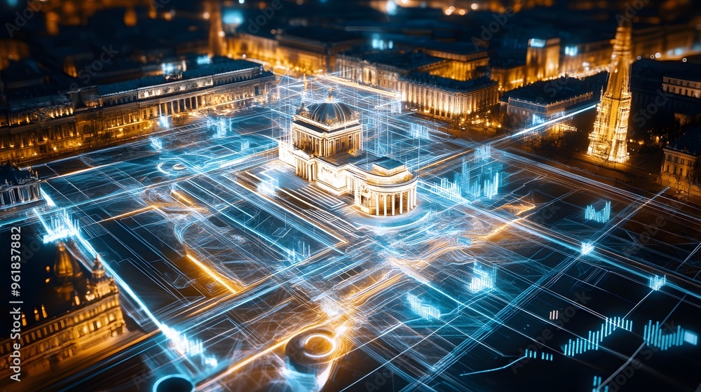 Poster futuristic cityscape with abstract data network.