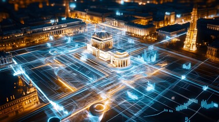 Futuristic Cityscape with Abstract Data Network.