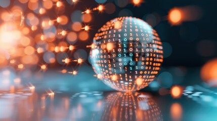 Fototapeta premium Conceptual image of a digital globe surrounded by binary code, representing global cybersecurity and data encryption protocols.