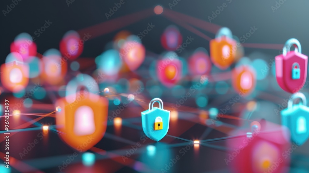 Poster an abstract depiction of secure network connections, featuring interconnected nodes surrounded by di