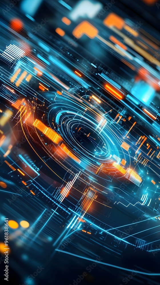Poster abstract technology background with glowing lines and circles.