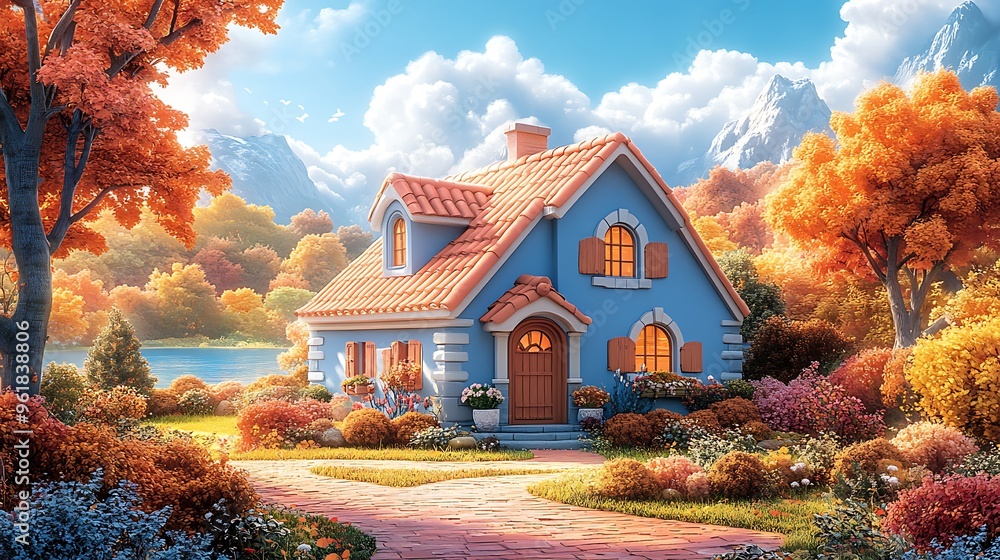 Poster Charming Blue Cottage in Autumnal Landscape.